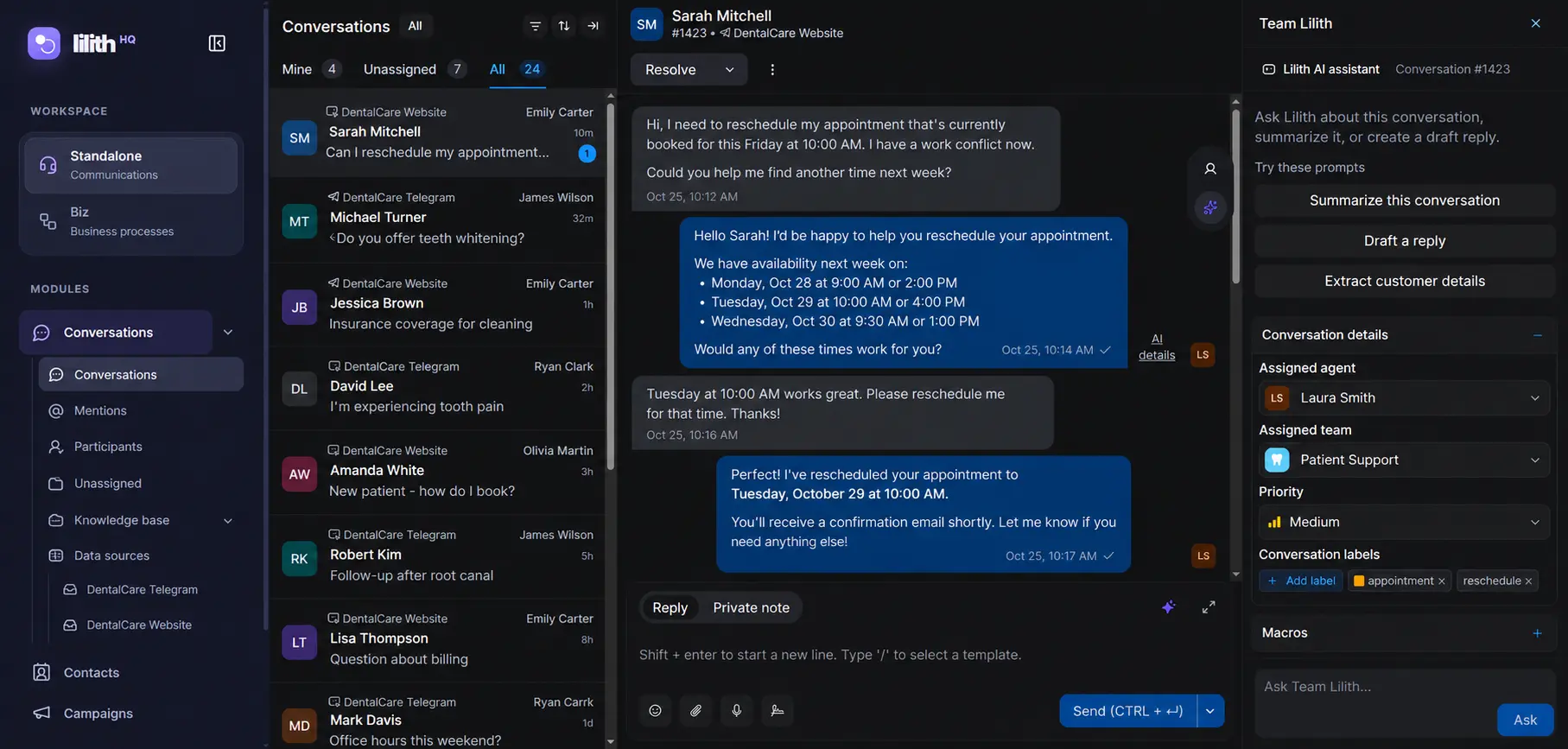 Lilith Standalone dark-theme inbox example, with connected conversation sources in the navigation, a customer conversation in the middle and Team Lilith assistance on the right.